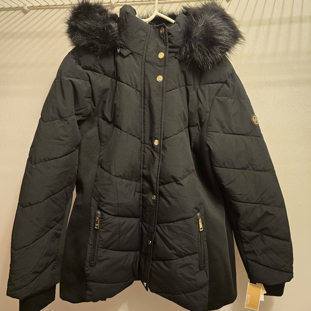 Michael Kors Black Puffer Jacket with Faux Fur Trim